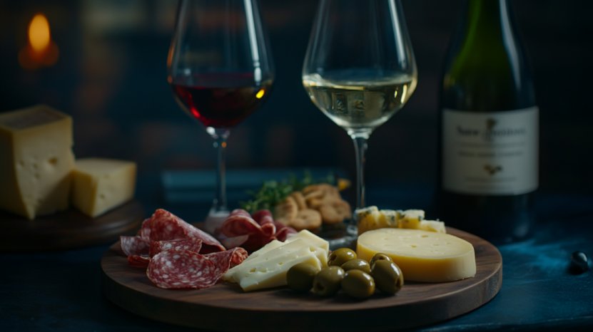 Olives, cheeses, and meats served with red and white glasses of affordable wines