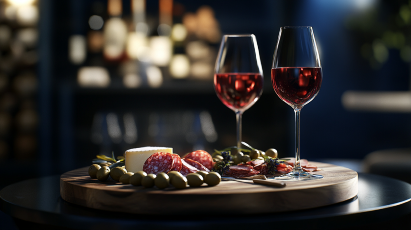 Two glasses of red wine sit beside a wooden board filled with green olives, sliced cured meats, and a wedge of cheese